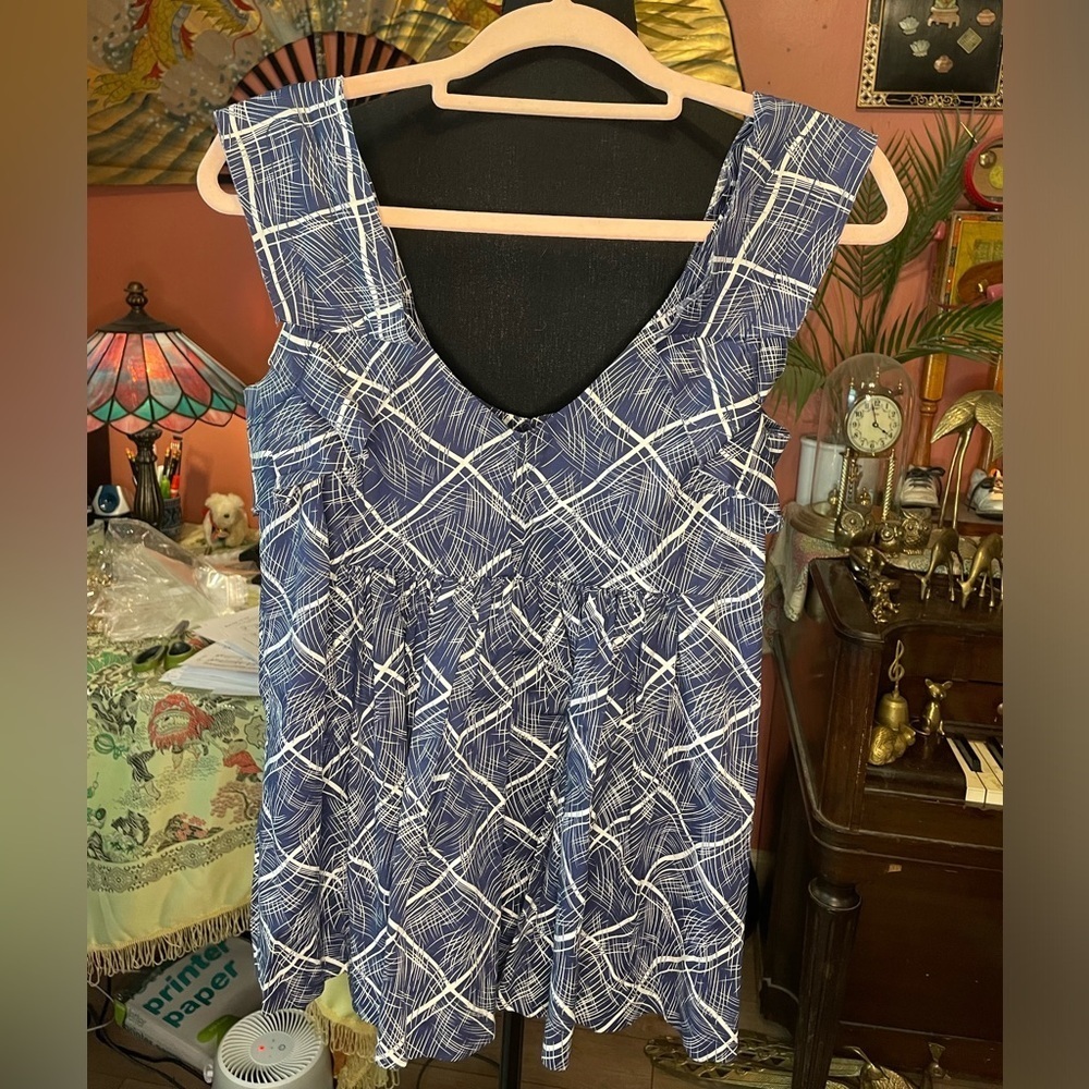 Anthropologie Girls from Savoy Collared sleeveless blue and white blouse Size 4.